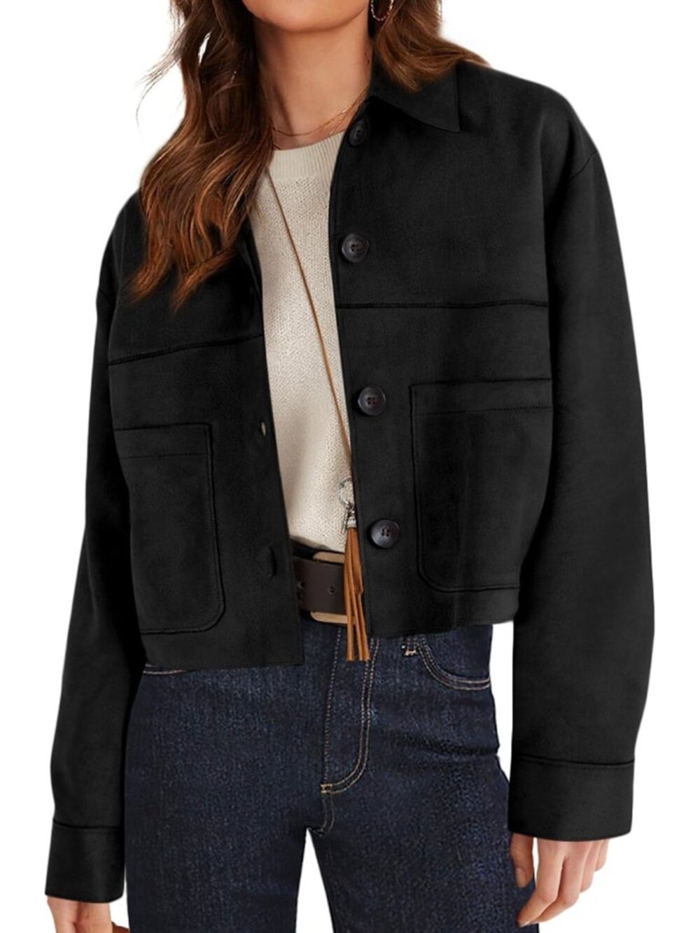 Women's Black Lightweight Cropped Faux Suede Button Down Shacket Jackets